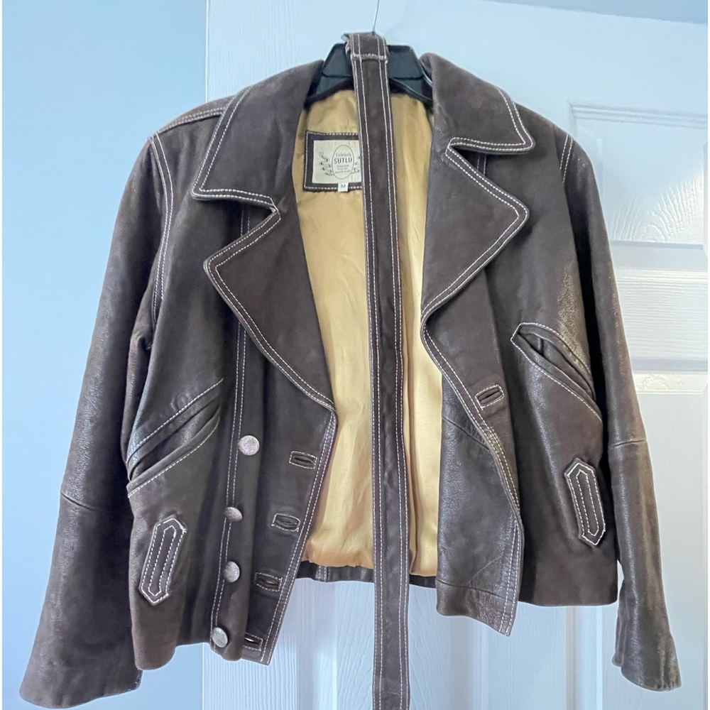 Soft, pliable, high quality cropped brown leather jacket.